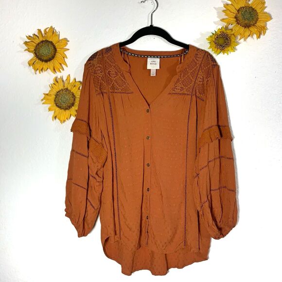 Knox Rose Rustic Puffy Ruffle Sleeve Bronze Button Blouse Size Large Women’s - Picture 1 of 6